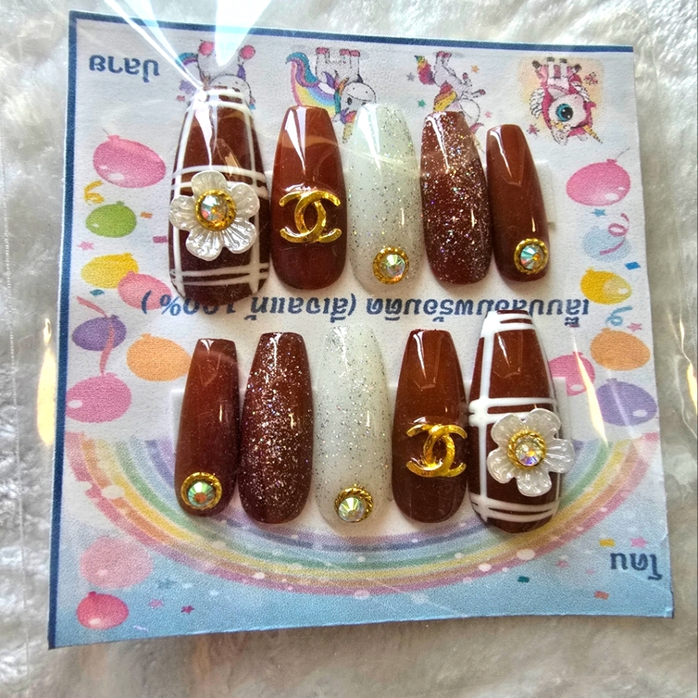 Brown and White Press-On Nails